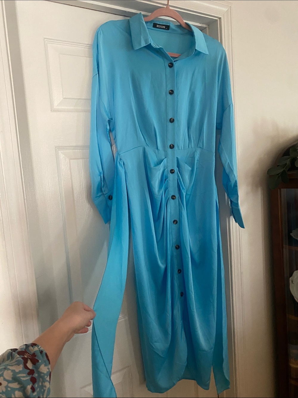 BYNEN Long Sleeve Turquoise Button-Front Shirt Dress with Tie Waist